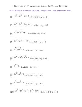 dividing polynomials using synthetic division worksheet answer key